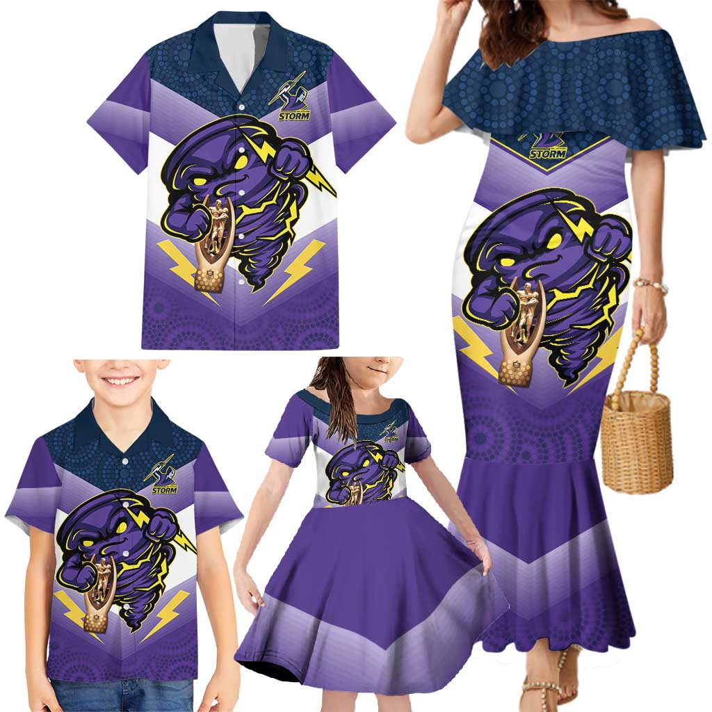 Personalised Storm Rugby 2024 Family Matching Mermaid Dress and Hawaiian Shirt Mascot With Trophy Go Champions Aboriginal Art