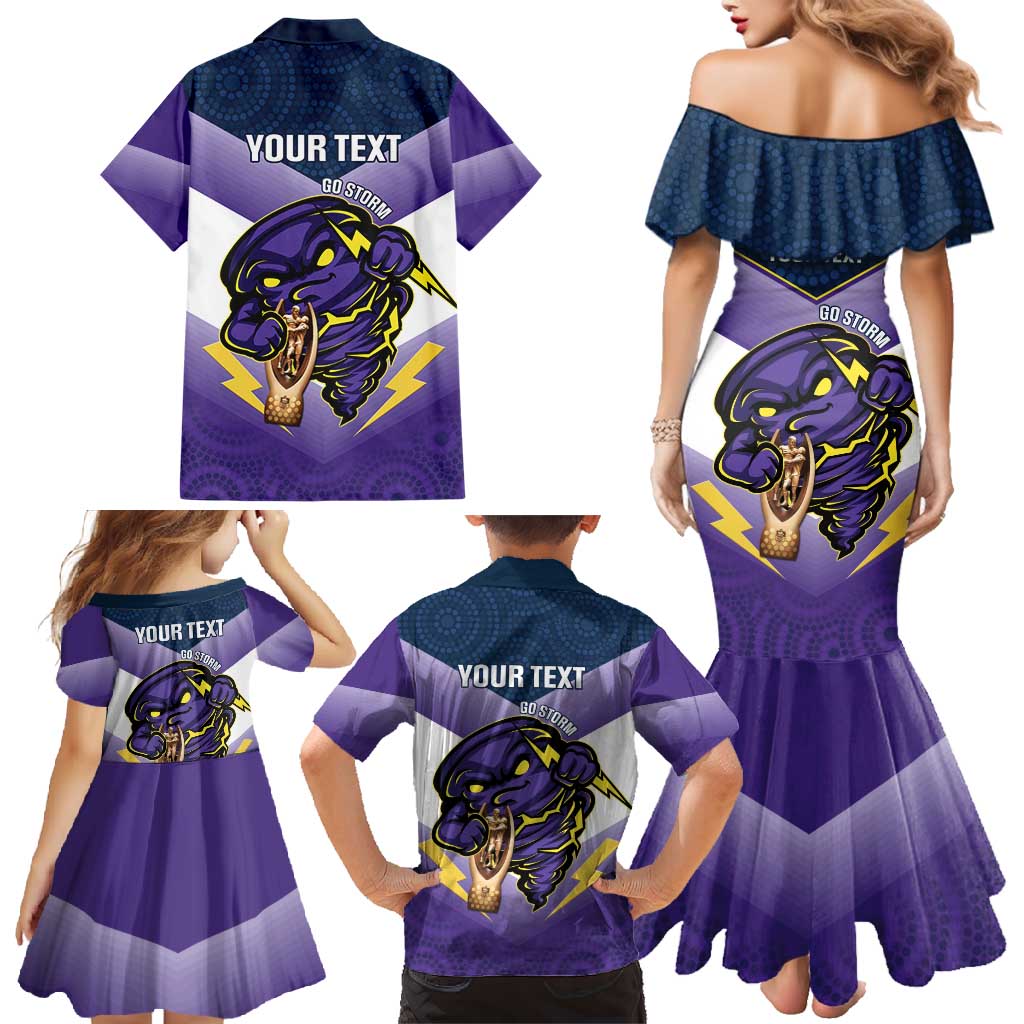 Personalised Storm Rugby 2024 Family Matching Mermaid Dress and Hawaiian Shirt Mascot With Trophy Go Champions Aboriginal Art