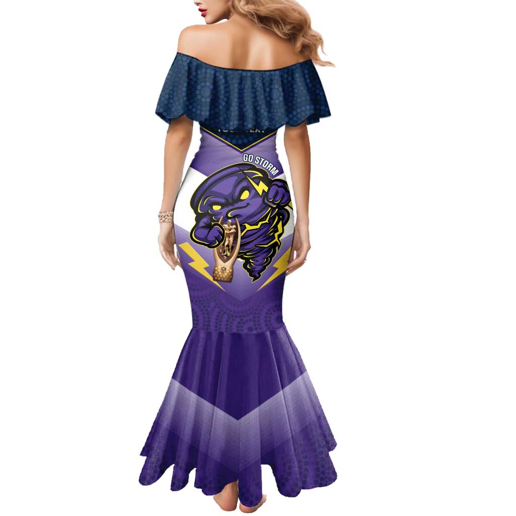 Personalised Storm Rugby 2024 Family Matching Mermaid Dress and Hawaiian Shirt Mascot With Trophy Go Champions Aboriginal Art