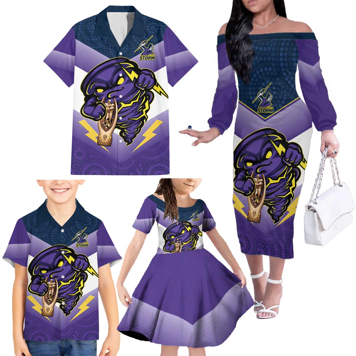Personalised Storm Rugby 2024 Family Matching Off The Shoulder Long Sleeve Dress and Hawaiian Shirt Mascot With Trophy Go Champions Aboriginal Art