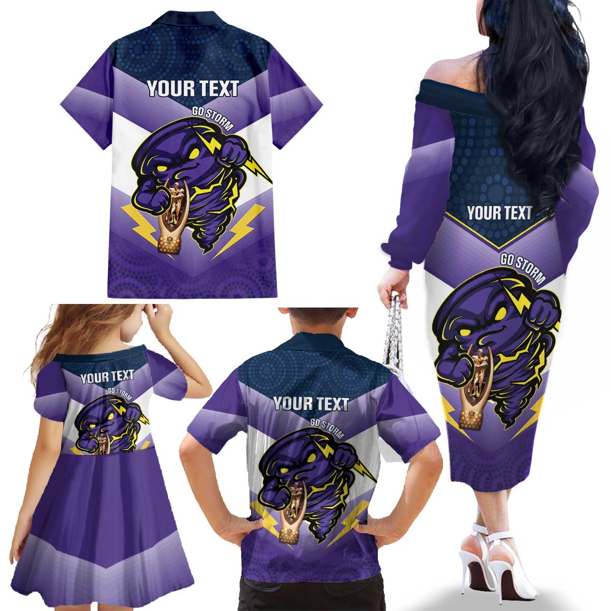 Personalised Storm Rugby 2024 Family Matching Off The Shoulder Long Sleeve Dress and Hawaiian Shirt Mascot With Trophy Go Champions Aboriginal Art