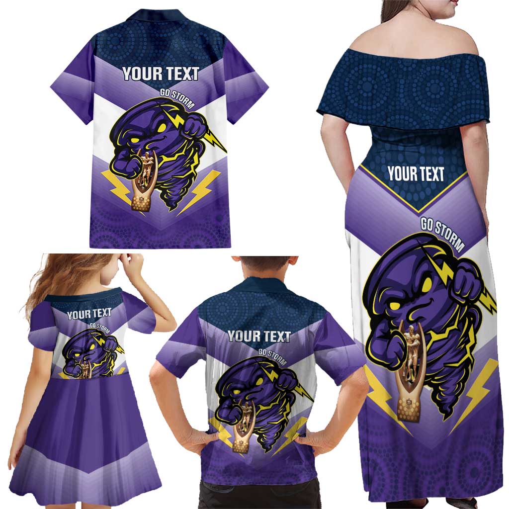 Personalised Storm Rugby 2024 Family Matching Off Shoulder Maxi Dress and Hawaiian Shirt Mascot With Trophy Go Champions Aboriginal Art