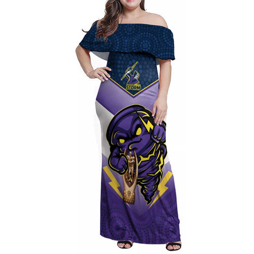 Personalised Storm Rugby 2024 Family Matching Off Shoulder Maxi Dress and Hawaiian Shirt Mascot With Trophy Go Champions Aboriginal Art