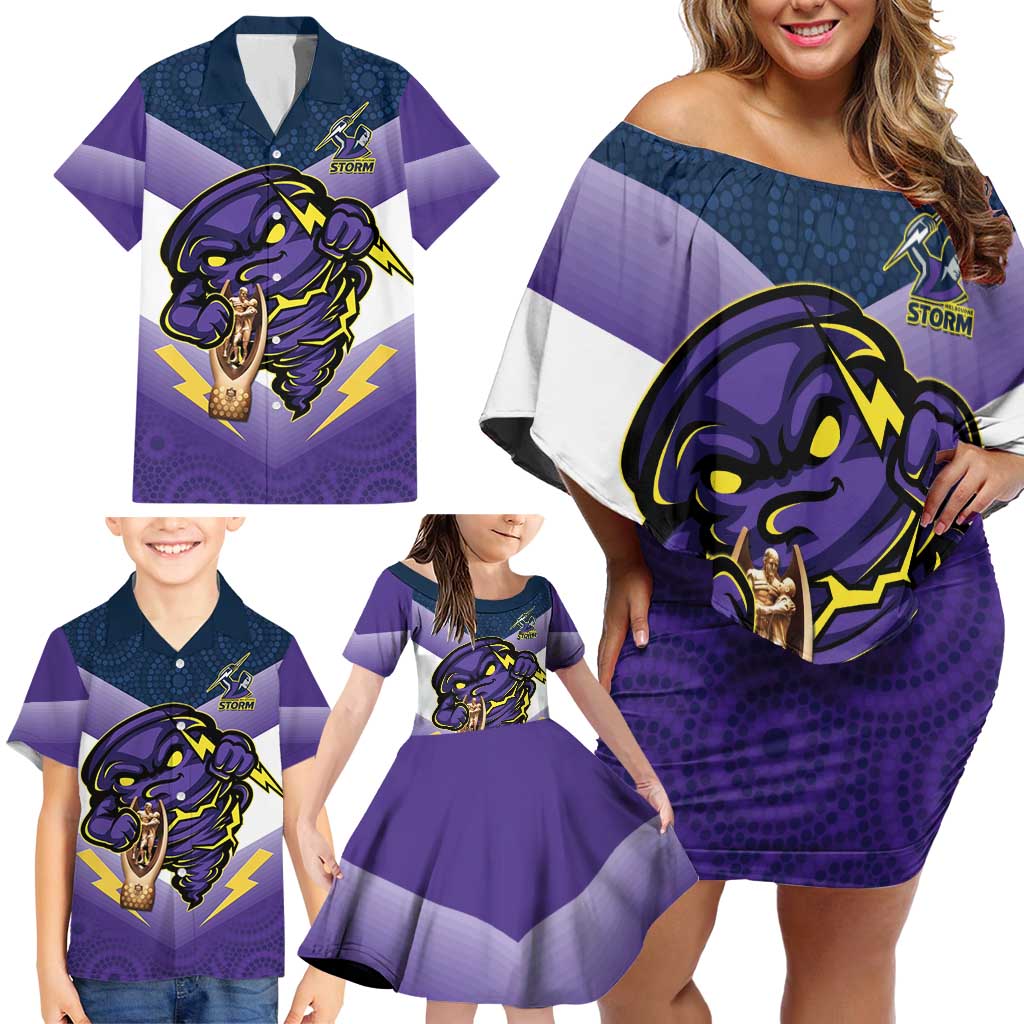 Personalised Storm Rugby 2024 Family Matching Off Shoulder Short Dress and Hawaiian Shirt Mascot With Trophy Go Champions Aboriginal Art
