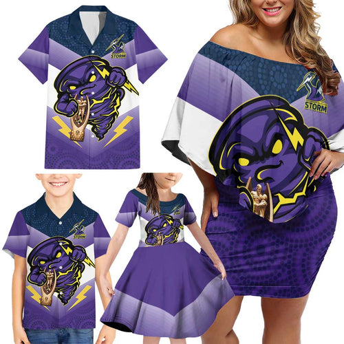 Personalised Storm Rugby 2024 Family Matching Off Shoulder Short Dress and Hawaiian Shirt Mascot With Trophy Go Champions Aboriginal Art