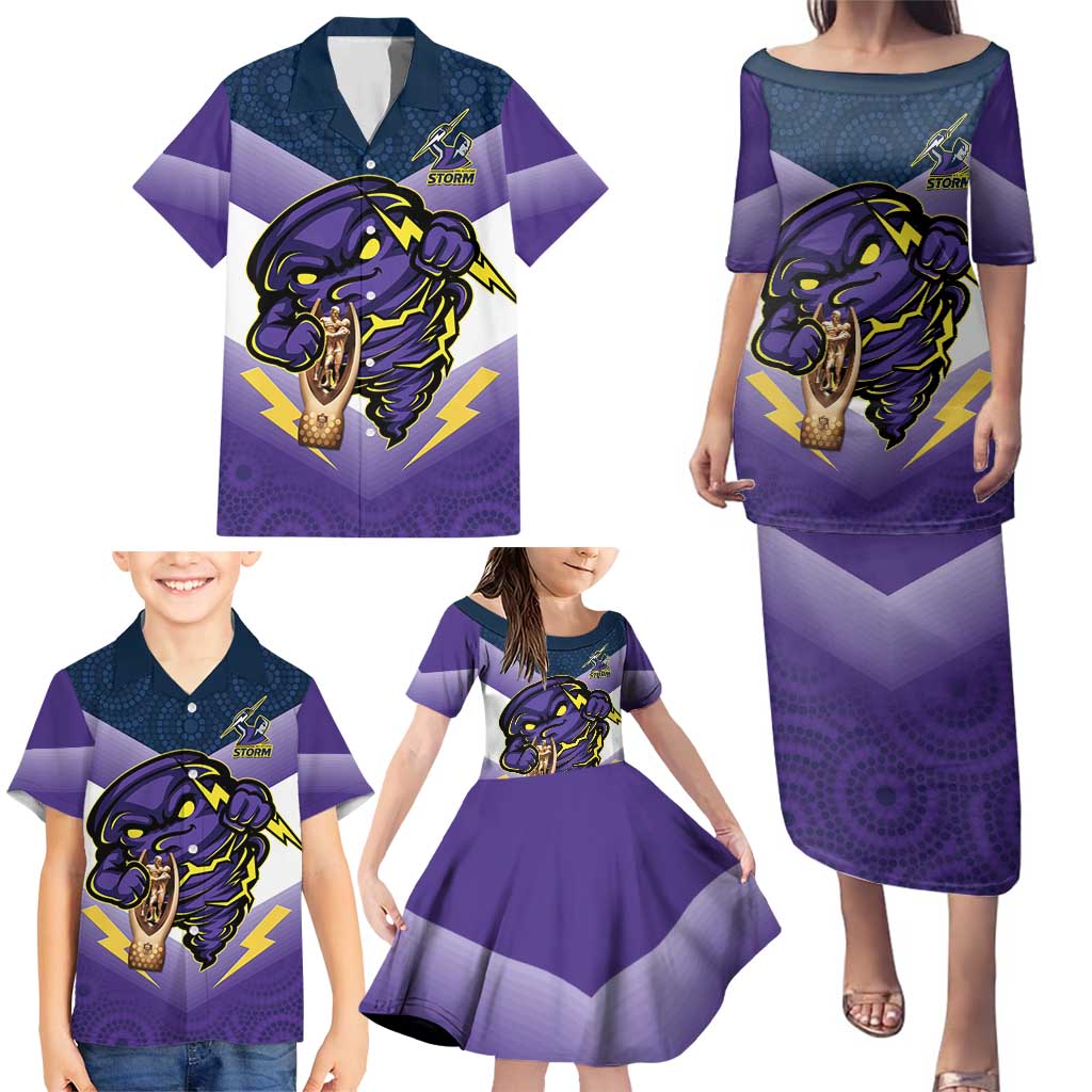 Personalised Storm Rugby 2024 Family Matching Puletasi and Hawaiian Shirt Mascot With Trophy Go Champions Aboriginal Art