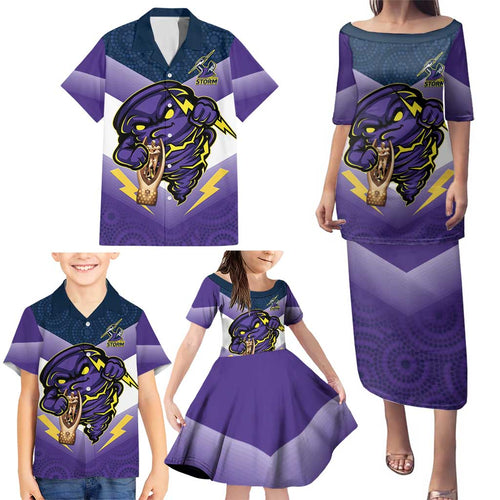 Personalised Storm Rugby 2024 Family Matching Puletasi and Hawaiian Shirt Mascot With Trophy Go Champions Aboriginal Art
