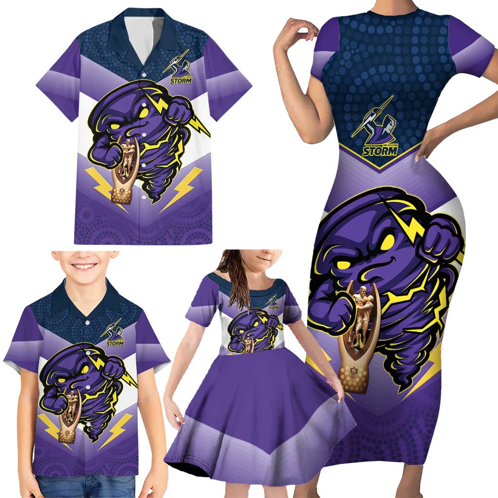 Personalised Storm Rugby 2024 Family Matching Short Sleeve Bodycon Dress and Hawaiian Shirt Mascot With Trophy Go Champions Aboriginal Art