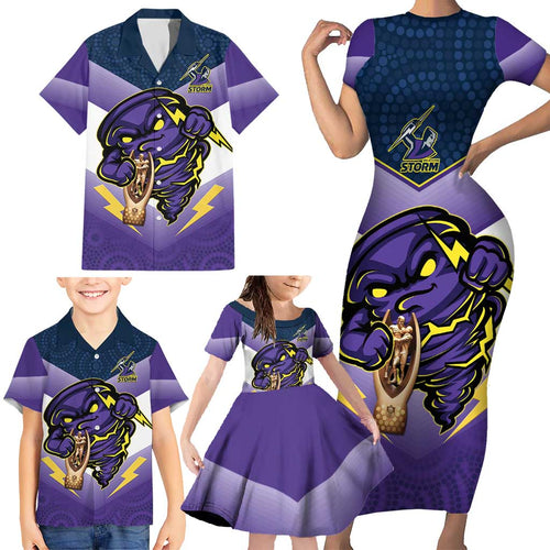 Personalised Storm Rugby 2024 Family Matching Short Sleeve Bodycon Dress and Hawaiian Shirt Mascot With Trophy Go Champions Aboriginal Art