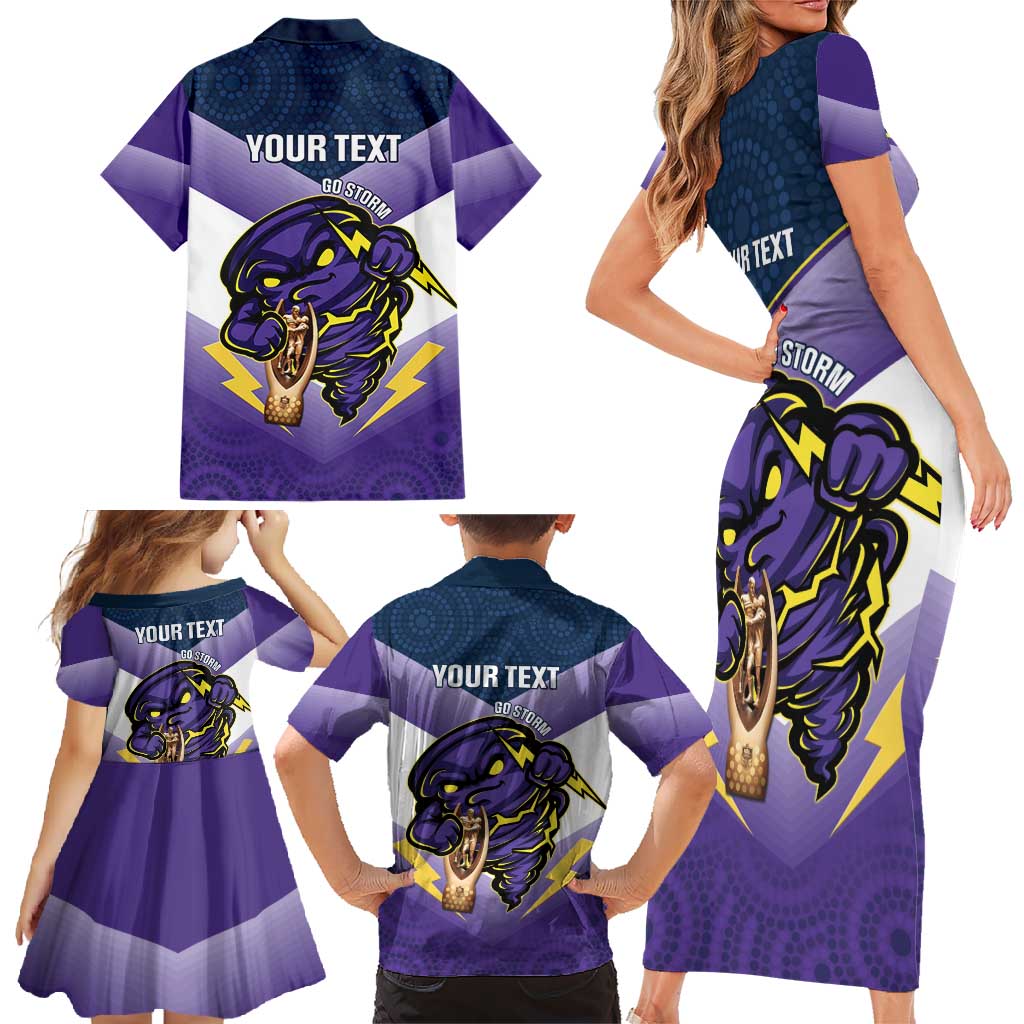 Personalised Storm Rugby 2024 Family Matching Short Sleeve Bodycon Dress and Hawaiian Shirt Mascot With Trophy Go Champions Aboriginal Art