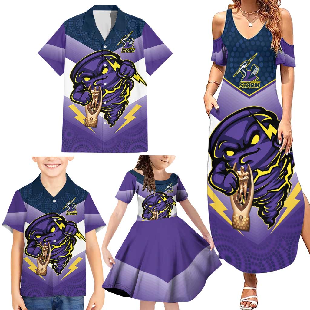 Personalised Storm Rugby 2024 Family Matching Summer Maxi Dress and Hawaiian Shirt Mascot With Trophy Go Champions Aboriginal Art