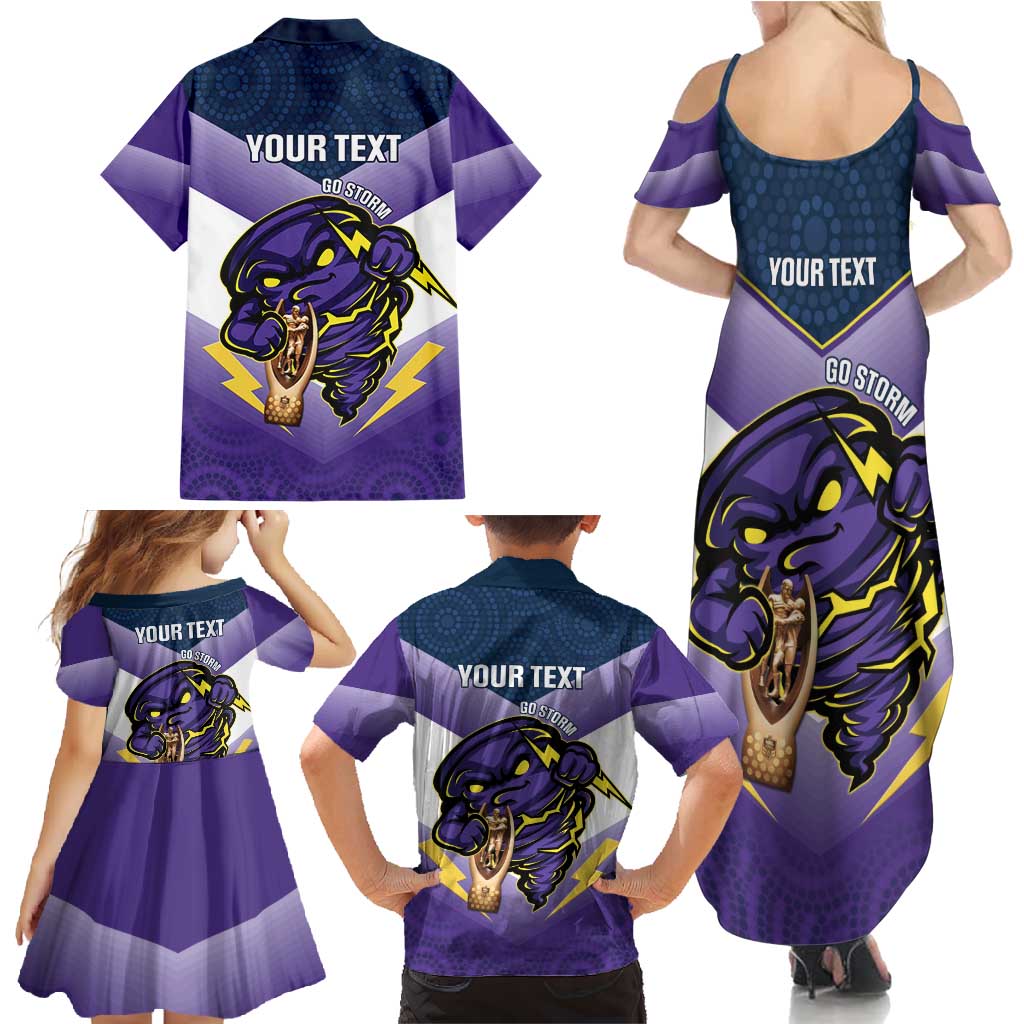 Personalised Storm Rugby 2024 Family Matching Summer Maxi Dress and Hawaiian Shirt Mascot With Trophy Go Champions Aboriginal Art