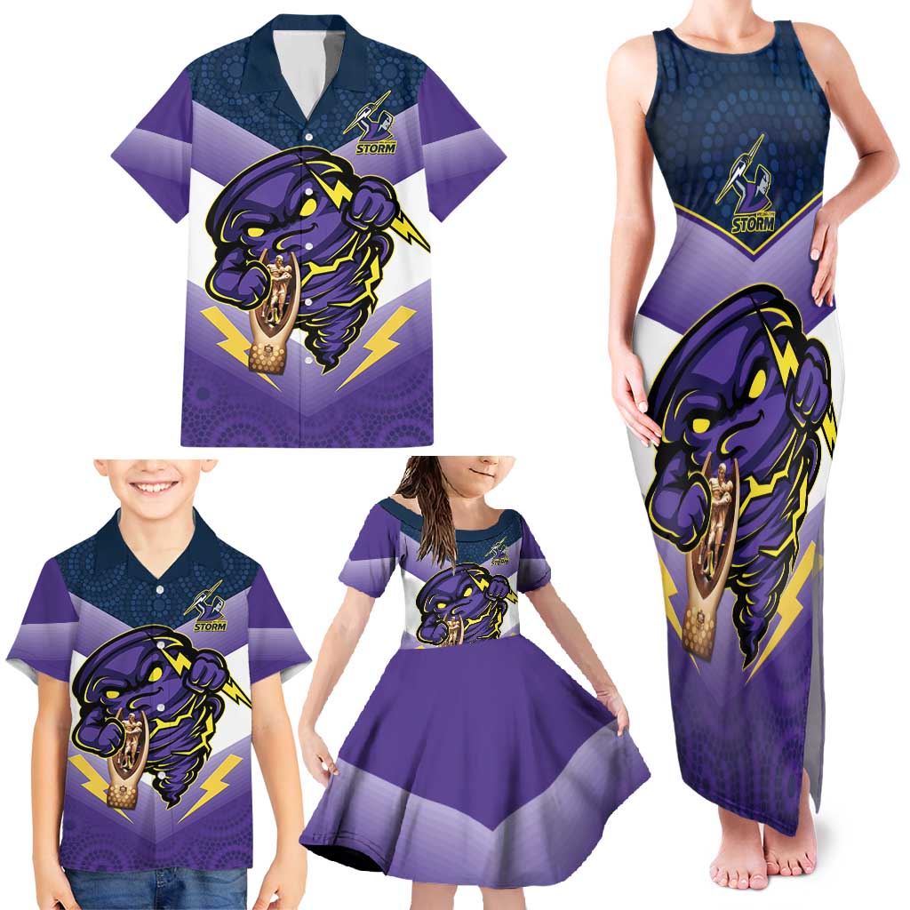 Personalised Storm Rugby 2024 Family Matching Tank Maxi Dress and Hawaiian Shirt Mascot With Trophy Go Champions Aboriginal Art