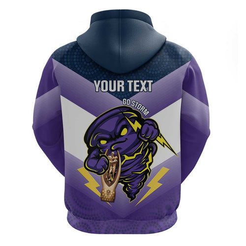 Personalised Storm Rugby 2024 Hoodie Mascot With Trophy Go Champions Aboriginal Art