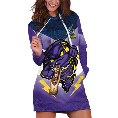 Personalised Storm Rugby 2024 Hoodie Dress Mascot With Trophy Go Champions Aboriginal Art