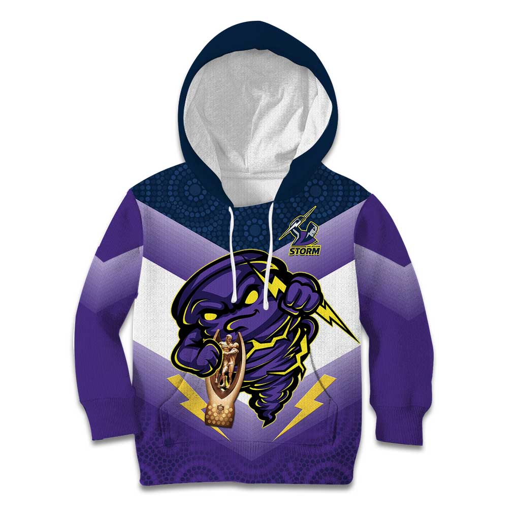 Personalised Storm Rugby 2024 Kid Hoodie Mascot With Trophy Go Champions Aboriginal Art