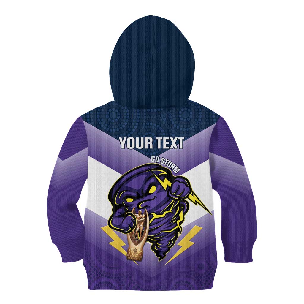 Personalised Storm Rugby 2024 Kid Hoodie Mascot With Trophy Go Champions Aboriginal Art