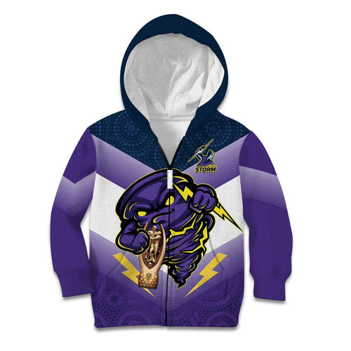 Personalised Storm Rugby 2024 Kid Hoodie Mascot With Trophy Go Champions Aboriginal Art