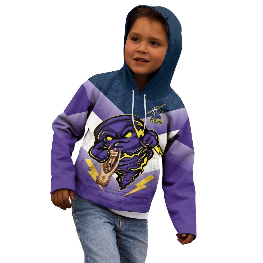 Personalised Storm Rugby 2024 Kid Hoodie Mascot With Trophy Go Champions Aboriginal Art