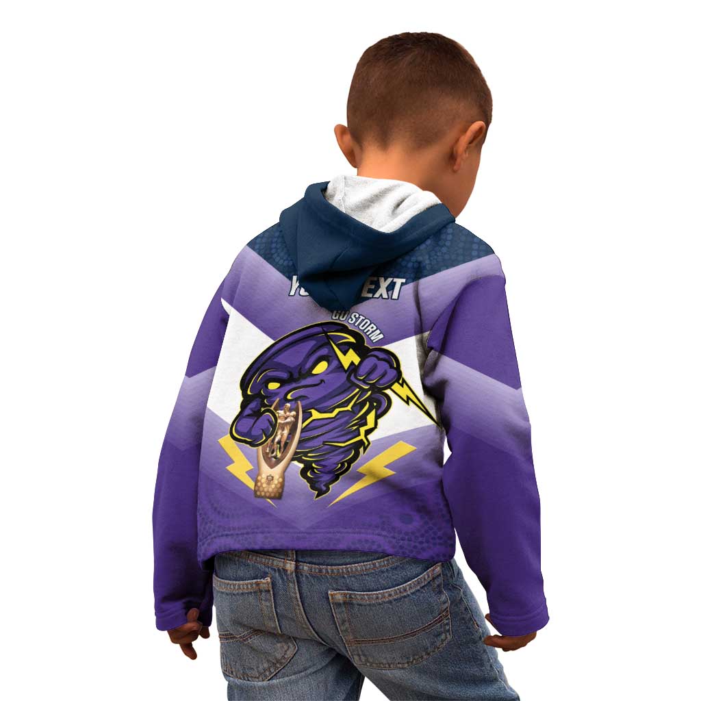 Personalised Storm Rugby 2024 Kid Hoodie Mascot With Trophy Go Champions Aboriginal Art