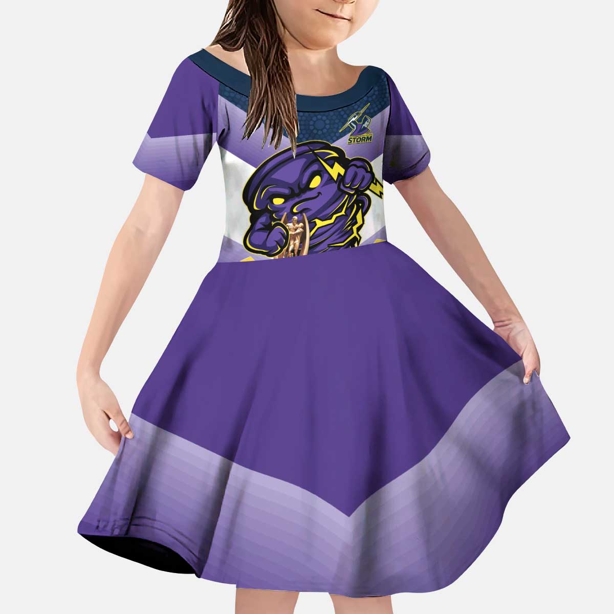Personalised Storm Rugby 2024 Kid Short Sleeve Dress Mascot With Trophy Go Champions Aboriginal Art