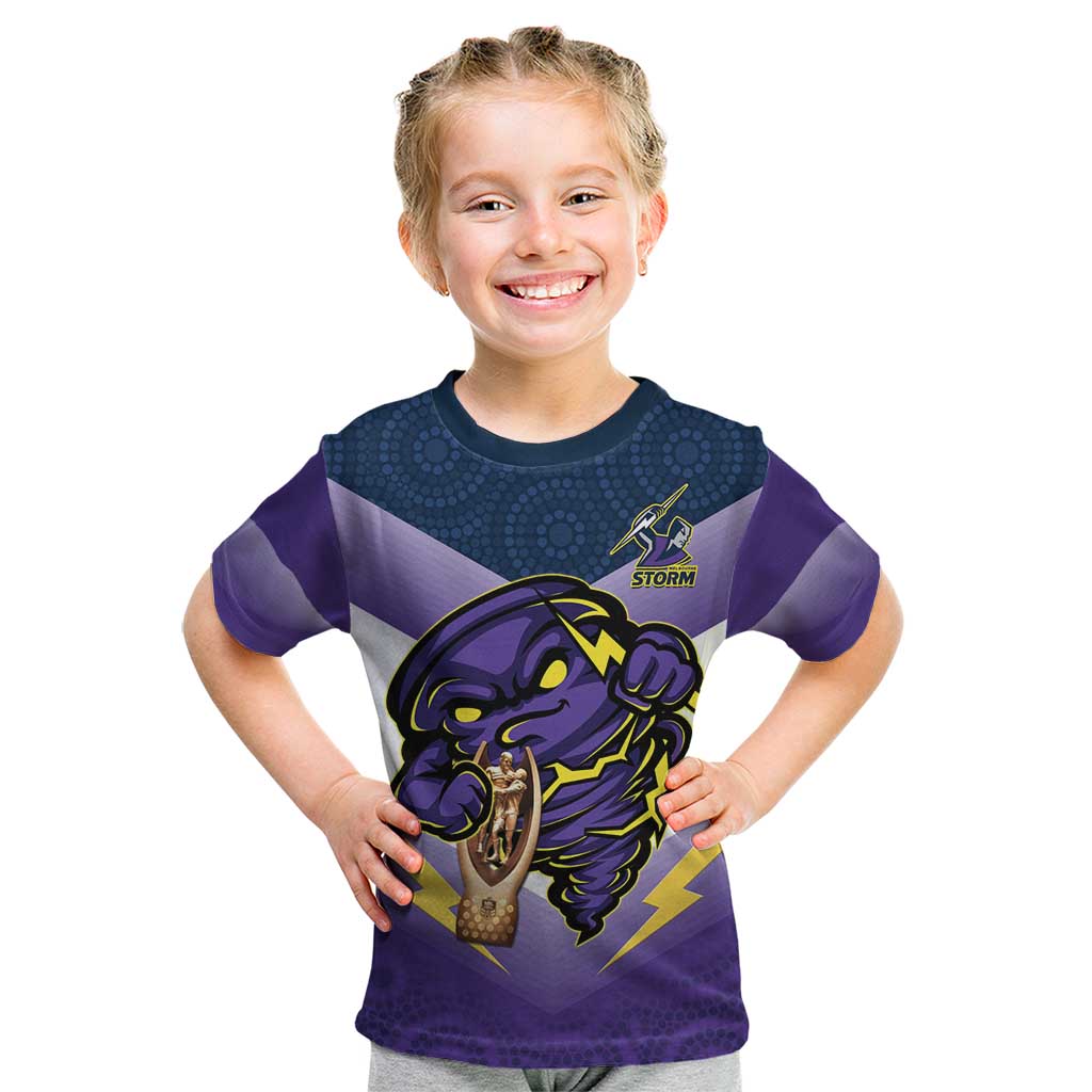Personalised Storm Rugby 2024 Kid T Shirt Mascot With Trophy Go Champions Aboriginal Art