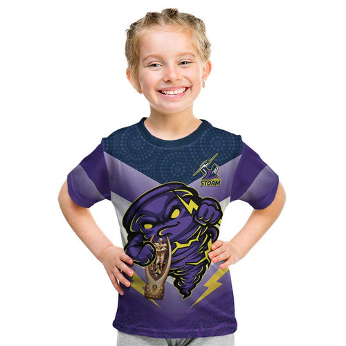 Personalised Storm Rugby 2024 Kid T Shirt Mascot With Trophy Go Champions Aboriginal Art