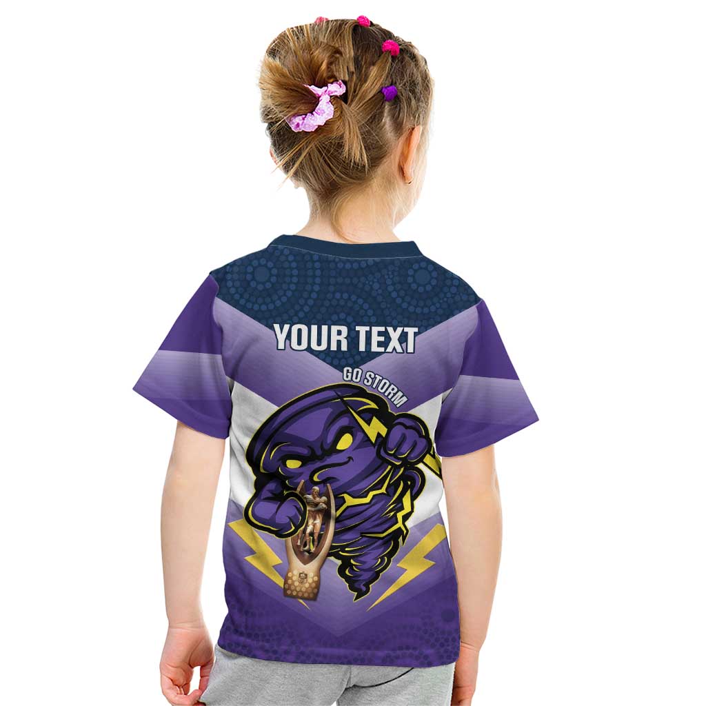 Personalised Storm Rugby 2024 Kid T Shirt Mascot With Trophy Go Champions Aboriginal Art