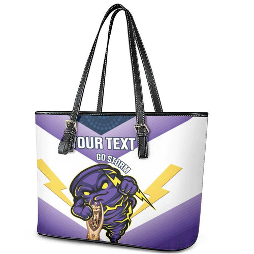 Personalised Storm Rugby 2024 Leather Tote Bag Mascot With Trophy Go Champions Aboriginal Art