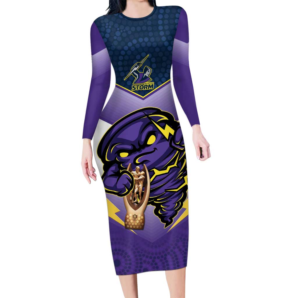 Personalised Storm Rugby 2024 Long Sleeve Bodycon Dress Mascot With Trophy Go Champions Aboriginal Art