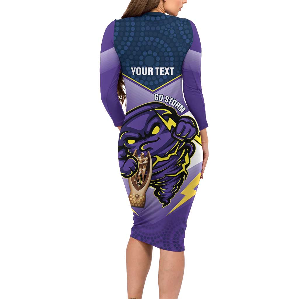 Personalised Storm Rugby 2024 Long Sleeve Bodycon Dress Mascot With Trophy Go Champions Aboriginal Art