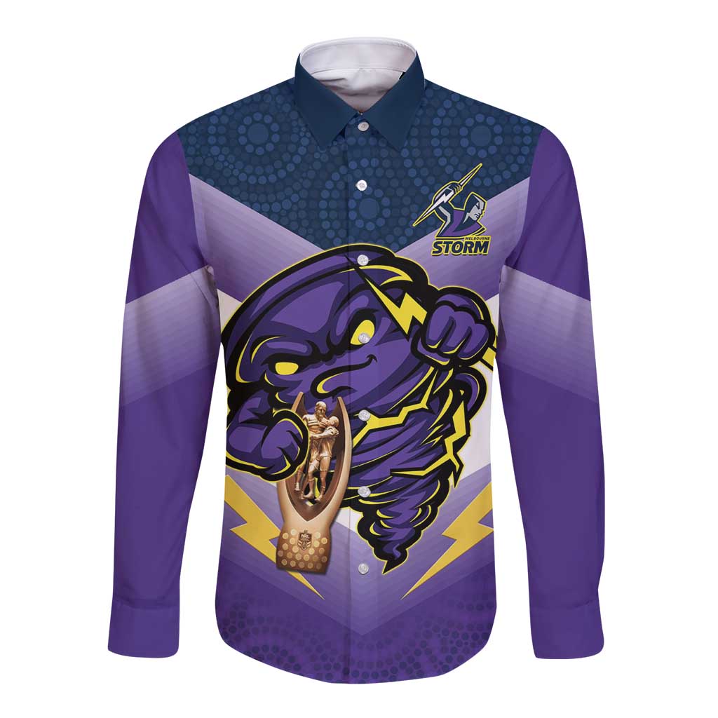 Personalised Storm Rugby 2024 Long Sleeve Button Shirt Mascot With Trophy Go Champions Aboriginal Art