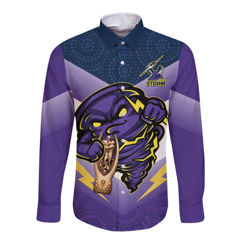Personalised Storm Rugby 2024 Long Sleeve Button Shirt Mascot With Trophy Go Champions Aboriginal Art