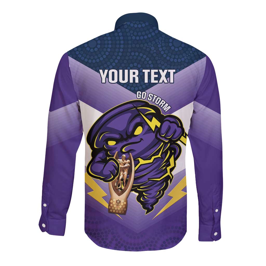 Personalised Storm Rugby 2024 Long Sleeve Button Shirt Mascot With Trophy Go Champions Aboriginal Art