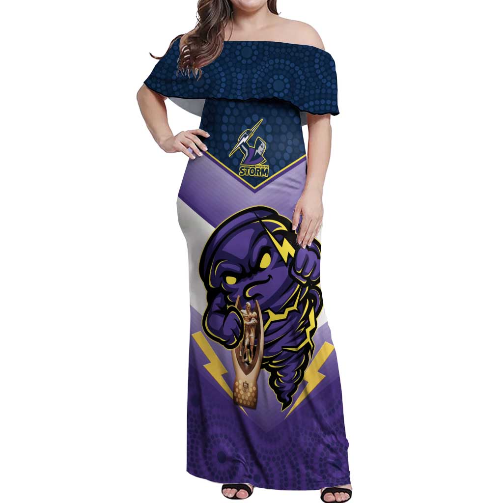 Personalised Storm Rugby 2024 Off Shoulder Maxi Dress Mascot With Trophy Go Champions Aboriginal Art