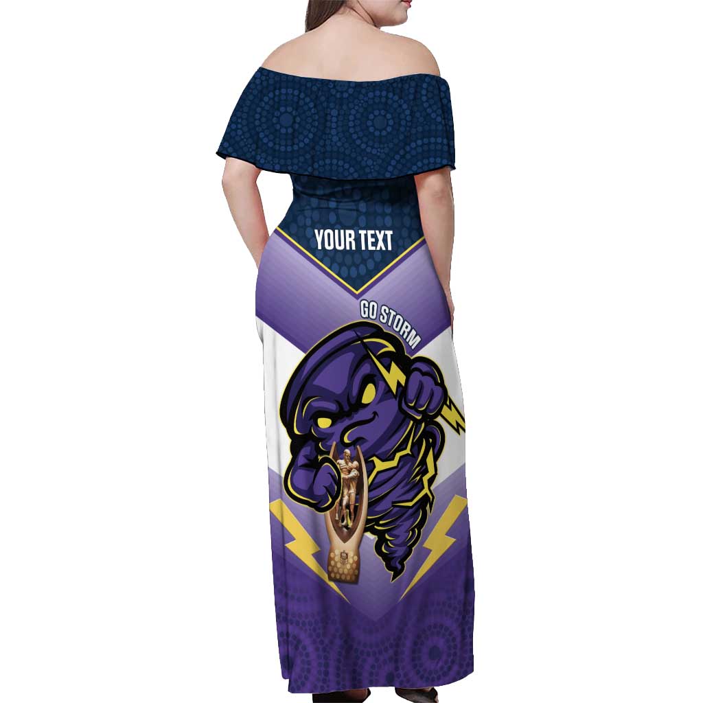 Personalised Storm Rugby 2024 Off Shoulder Maxi Dress Mascot With Trophy Go Champions Aboriginal Art