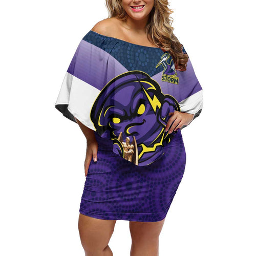 Personalised Storm Rugby 2024 Off Shoulder Short Dress Mascot With Trophy Go Champions Aboriginal Art