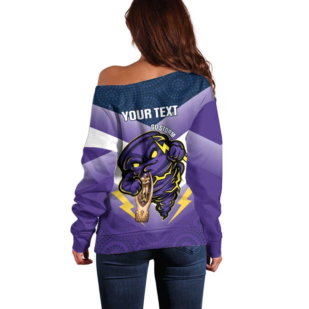 Personalised Storm Rugby 2024 Off Shoulder Sweater Mascot With Trophy Go Champions Aboriginal Art
