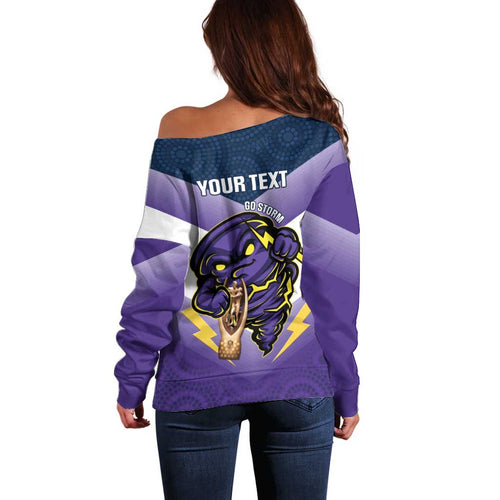 Personalised Storm Rugby 2024 Off Shoulder Sweater Mascot With Trophy Go Champions Aboriginal Art