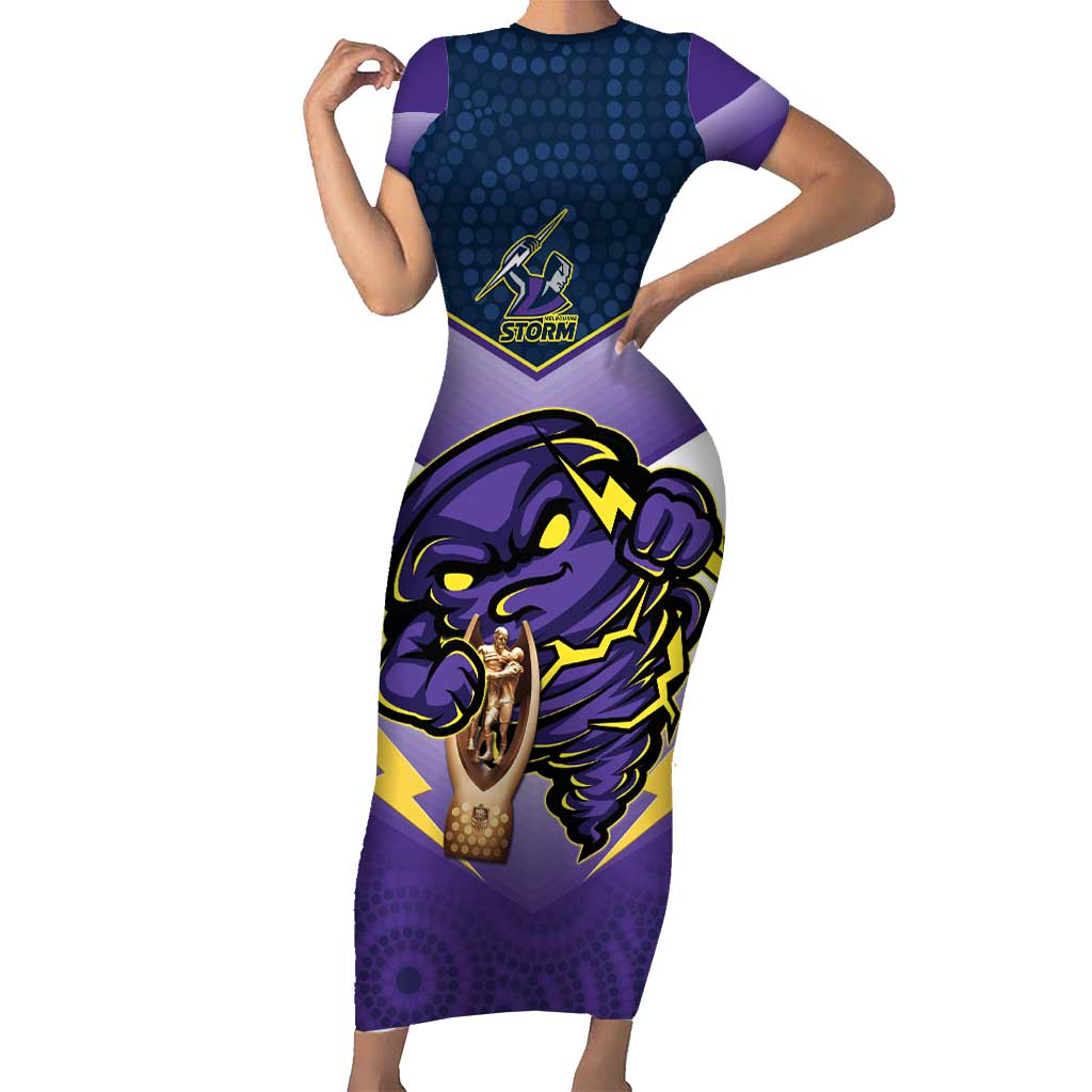Personalised Storm Rugby 2024 Short Sleeve Bodycon Dress Mascot With Trophy Go Champions Aboriginal Art