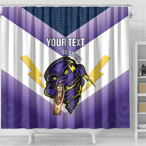 Personalised Storm Rugby 2024 Shower Curtain Mascot With Trophy Go Champions Aboriginal Art