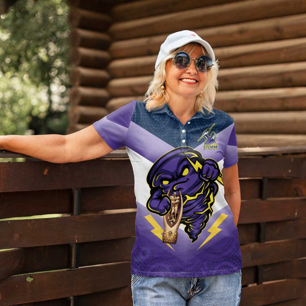 Personalised Storm Rugby 2024 Women Polo Shirt Mascot With Trophy Go Champions Aboriginal Art