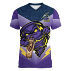 Personalised Storm Rugby 2024 Women V-Neck T-Shirt Mascot With Trophy Go Champions Aboriginal Art