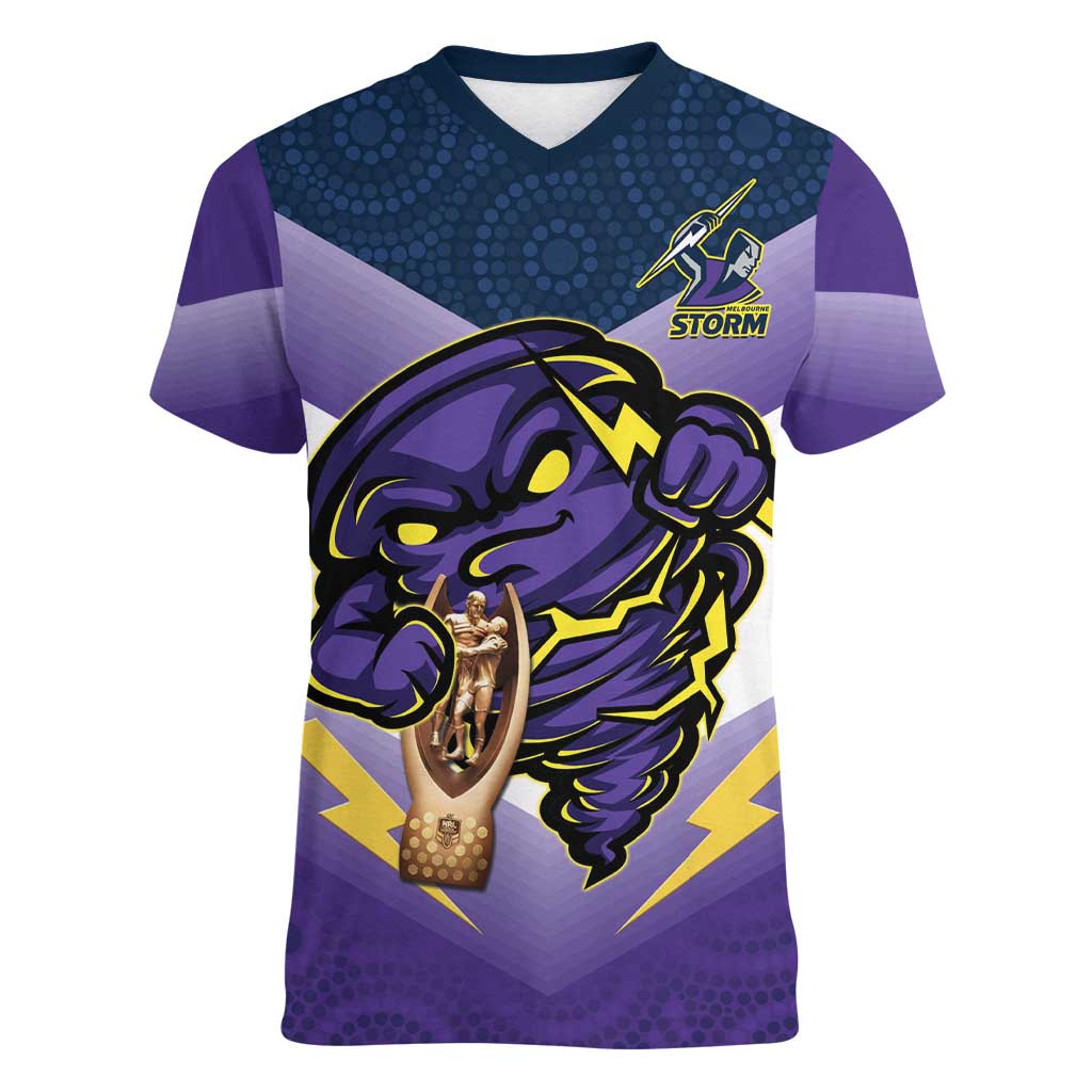 Personalised Storm Rugby 2024 Women V-Neck T-Shirt Mascot With Trophy Go Champions Aboriginal Art