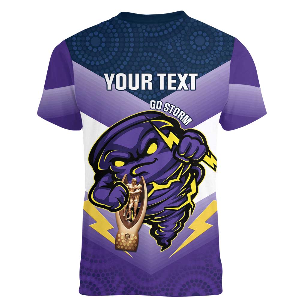 Personalised Storm Rugby 2024 Women V-Neck T-Shirt Mascot With Trophy Go Champions Aboriginal Art