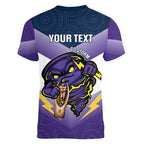 Personalised Storm Rugby 2024 Women V-Neck T-Shirt Mascot With Trophy Go Champions Aboriginal Art