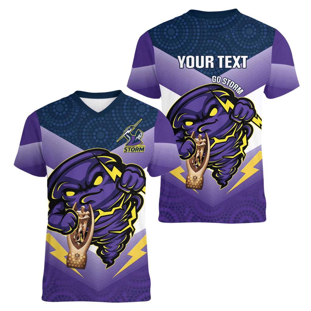 Personalised Storm Rugby 2024 Women V-Neck T-Shirt Mascot With Trophy Go Champions Aboriginal Art