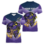 Personalised Storm Rugby 2024 Women V-Neck T-Shirt Mascot With Trophy Go Champions Aboriginal Art