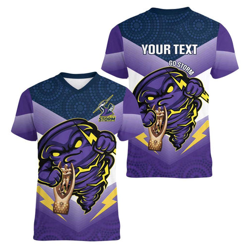 Personalised Storm Rugby 2024 Women V-Neck T-Shirt Mascot With Trophy Go Champions Aboriginal Art
