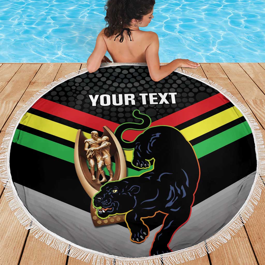 Personalised Panthers Rugby 2024 Beach Blanket Mascot With Trophy Go Champions Aboriginal Art